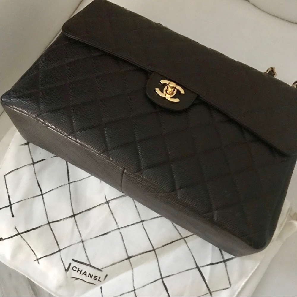 Authentic Chanel Brown Leather Caviar Jumbo Bag